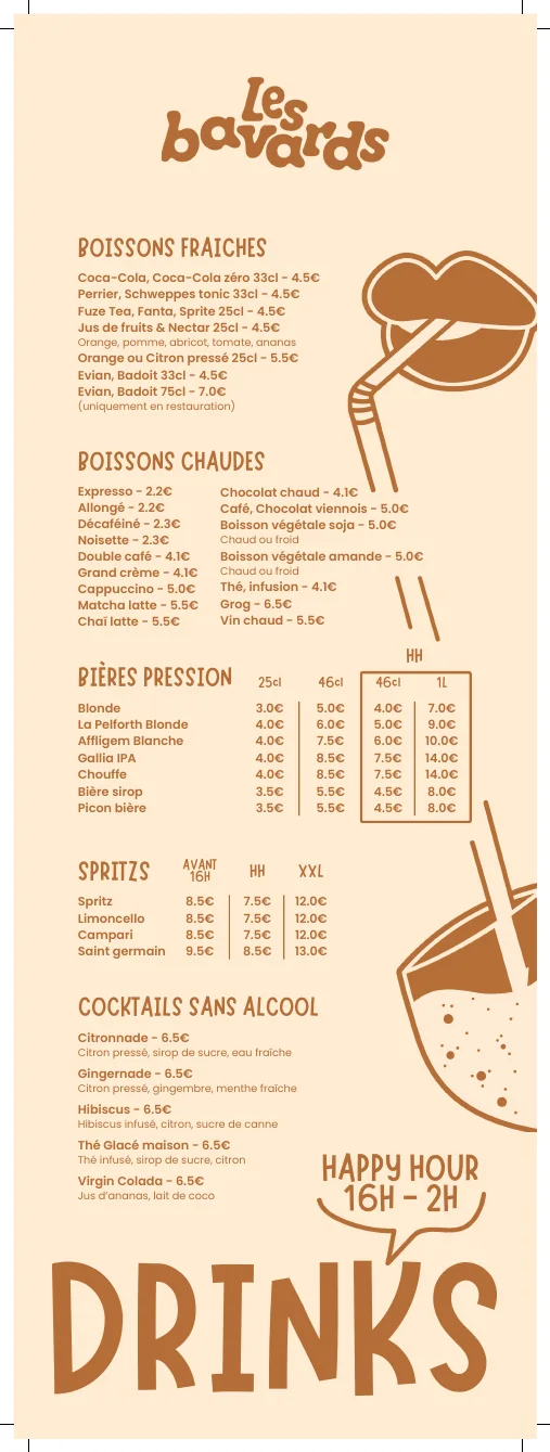Les Bavards — Carte des boissons, recto