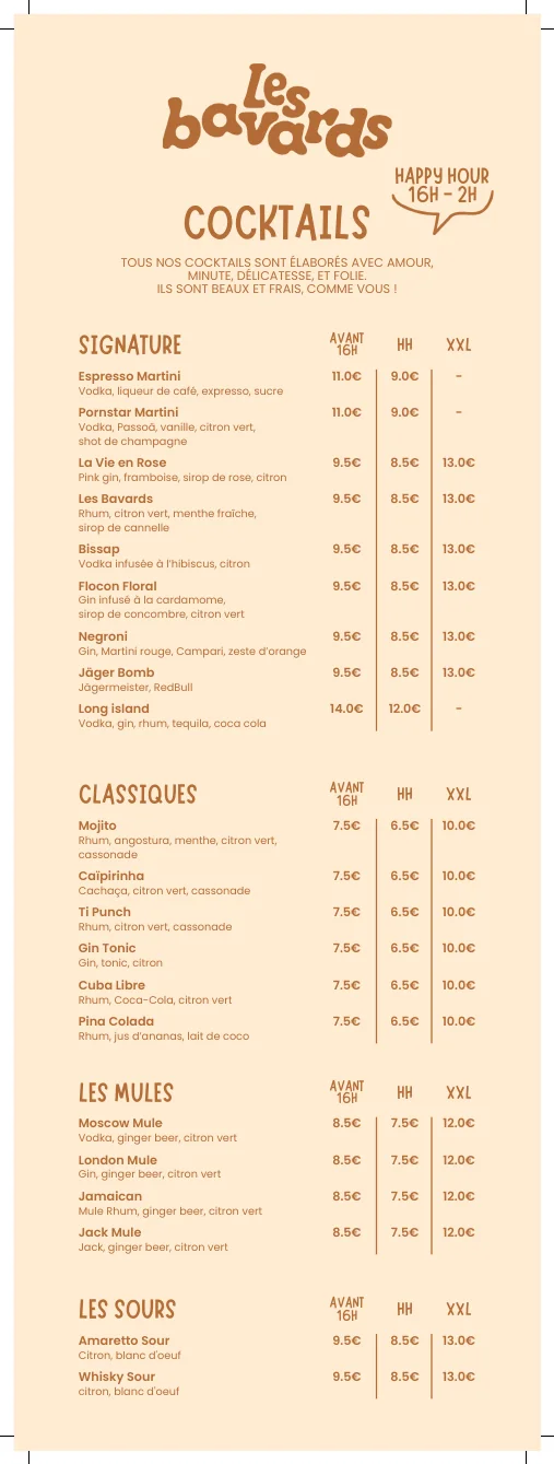 Les Bavards — Carte des boissons, verso