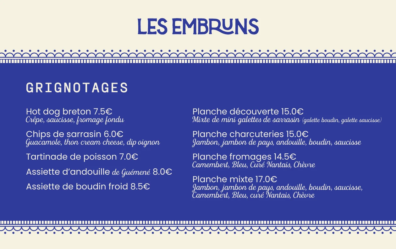 Les Embruns — Détail de la carte, les grignotages