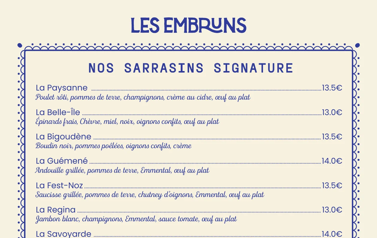 Les Embruns — Détail de la carte, les sarrasins signature