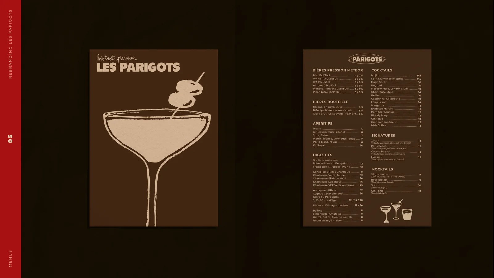 Les Parigots — La carte des cocktails et le menu