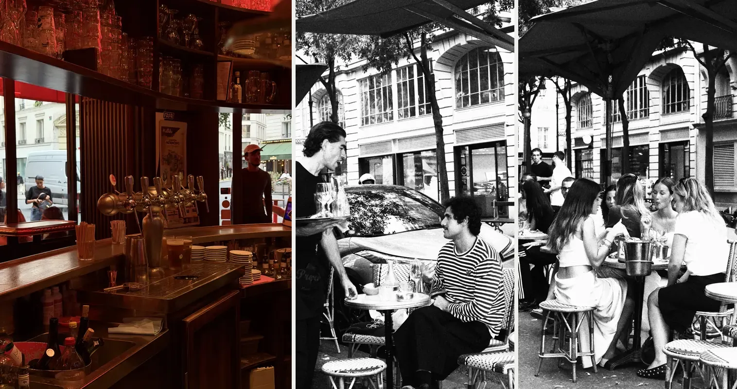 Comptoir, service et terrasse du Progrès, bar-tabac-brasserie du Haut-Marais — photos Saucisse Purée