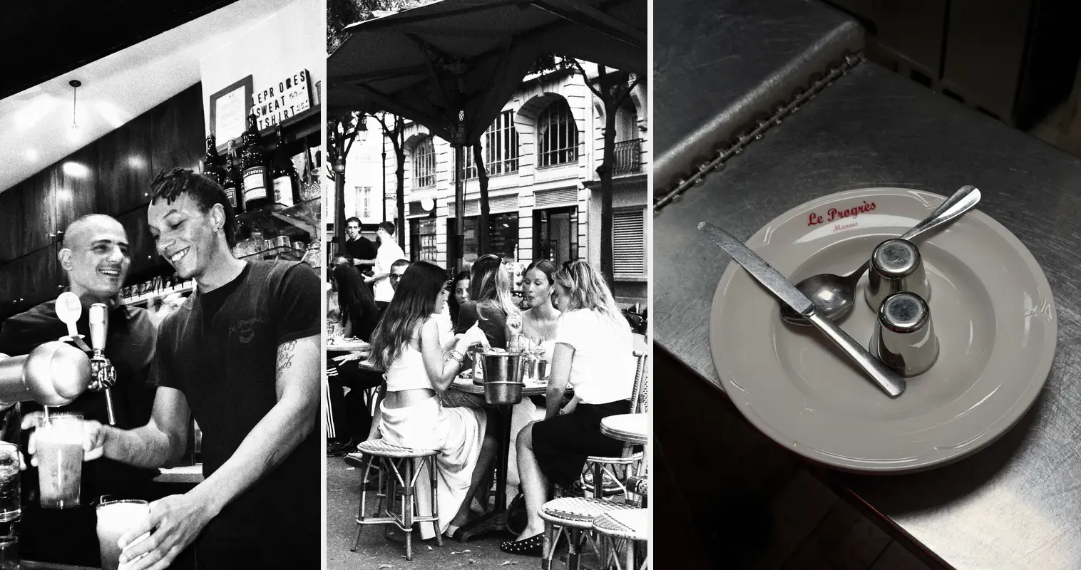 Barmen, terrasse et assiette du Progrès, photographiés pendant le service — photos Saucisse Purée